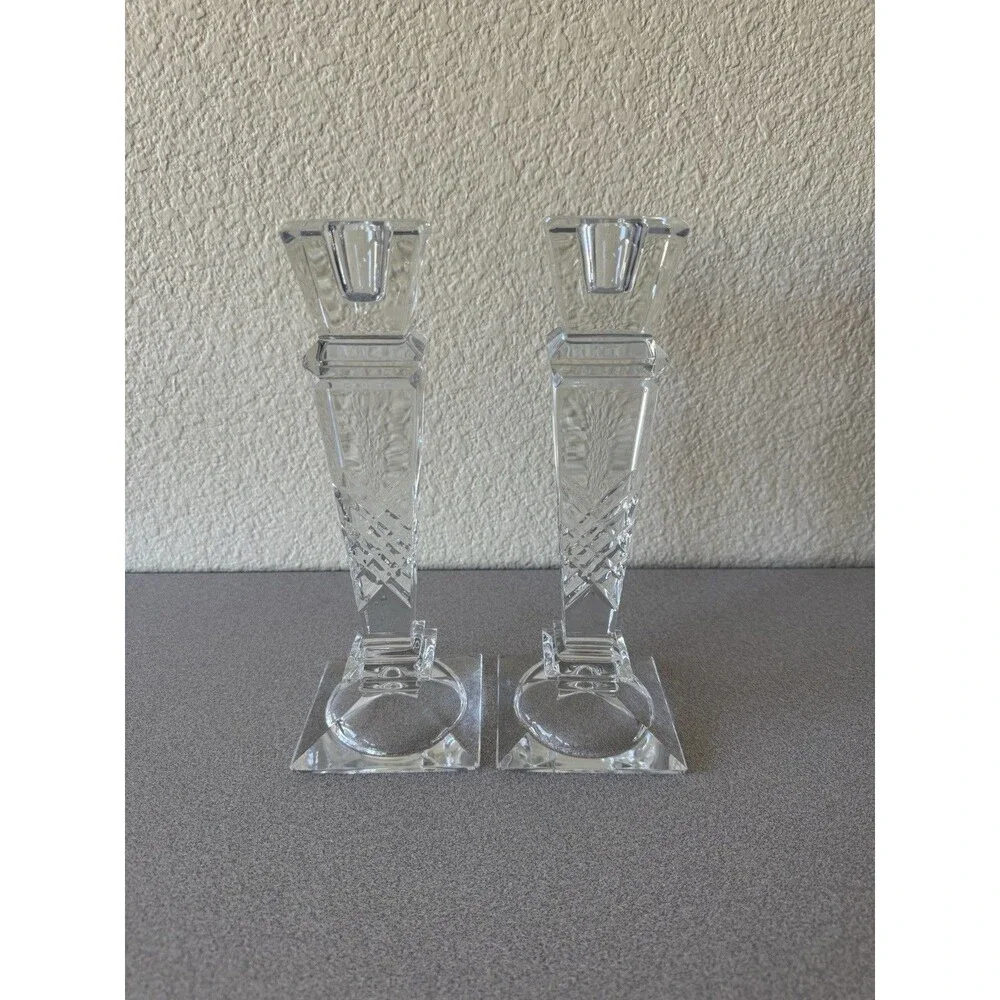 Pair Clear Cut Crystal Glass Candlestick Holders 10” Tall Geometric Square Base